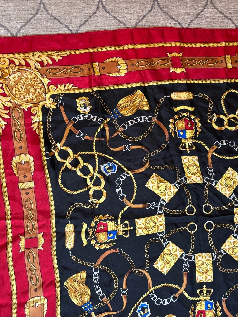 Equestrian Baroque Chain & Belt Silk Scarf — Red, Black, Gold